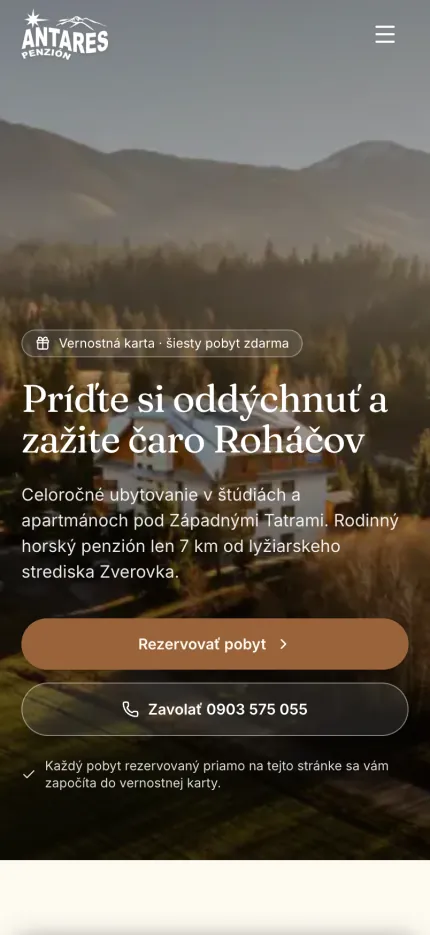Náhľad webu Penzión Antares na mobile